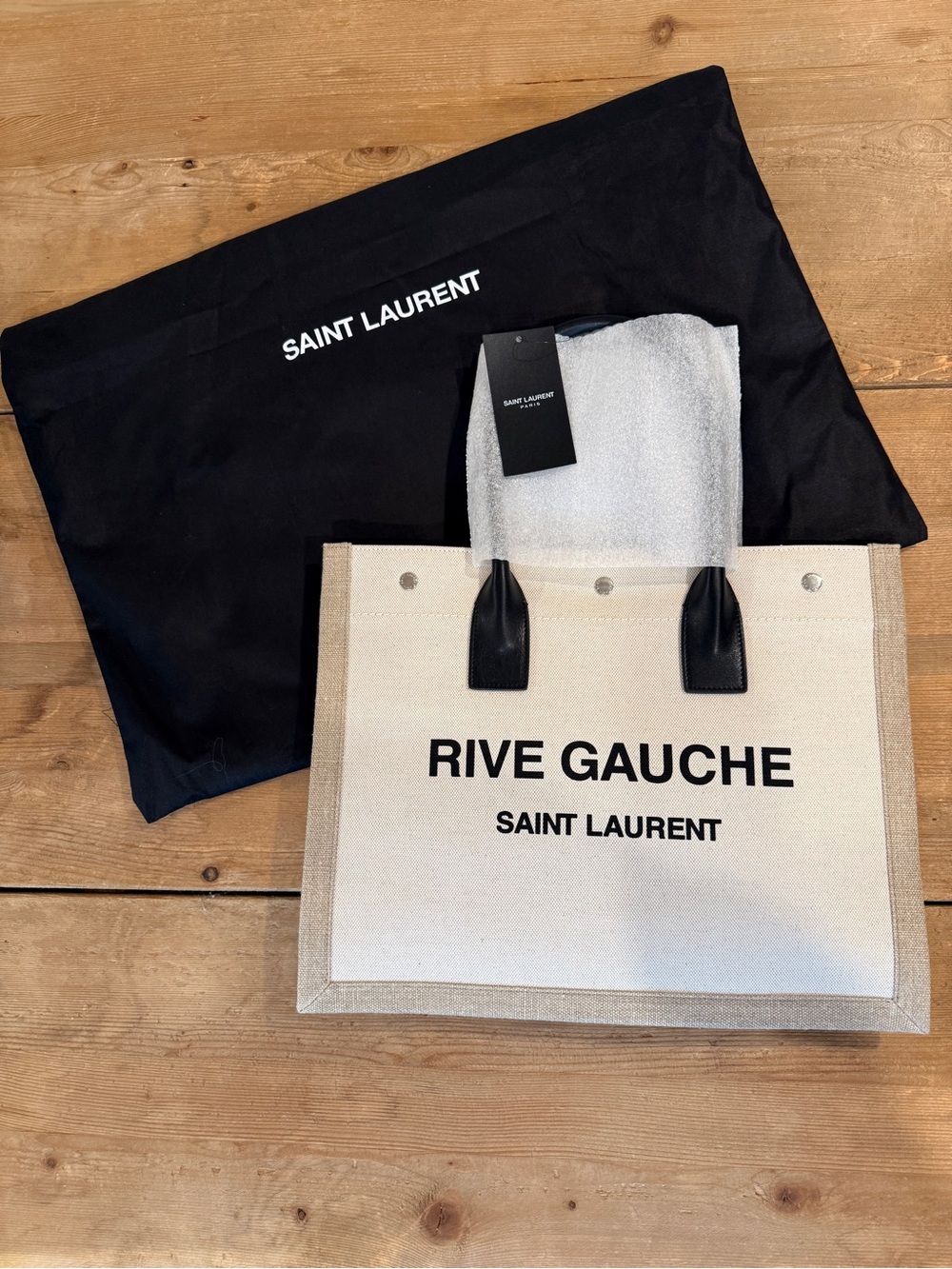Saint Laurent Beige Canvas Tote with Black Leather Handles
